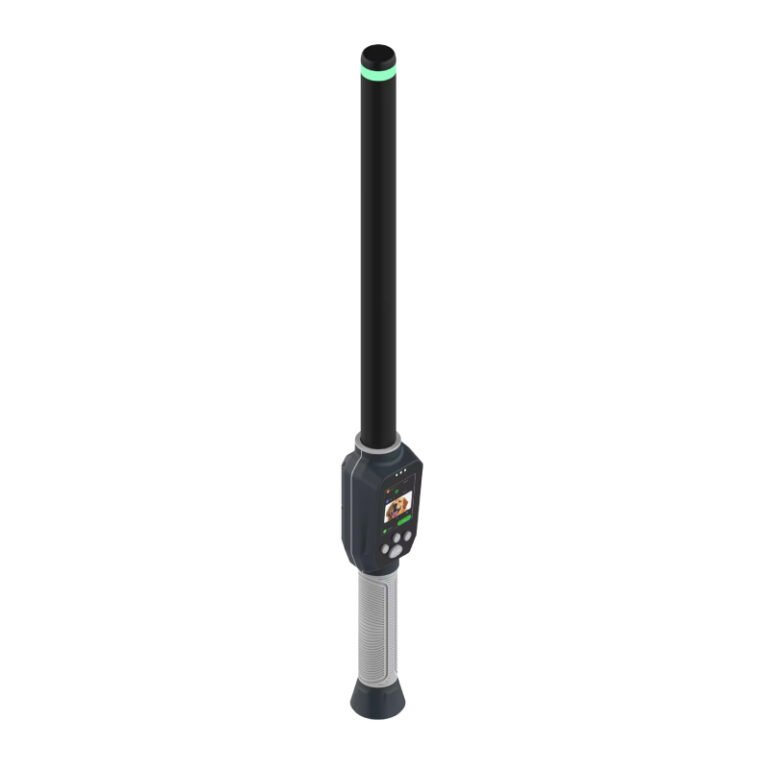 BLUEJUNTAGS low frequency RFID stick reader held upright for scanning 134.2 kHz pet microchips in dogs and cats