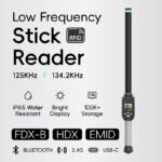 BLUEJUNTAGS low frequency stick reader specifications: 125 kHz and 134.2 kHz, FDX-B, HDX and EMID formats, IP65 waterproof, 100K record storage, Bluetooth, 2.4G and USB-C