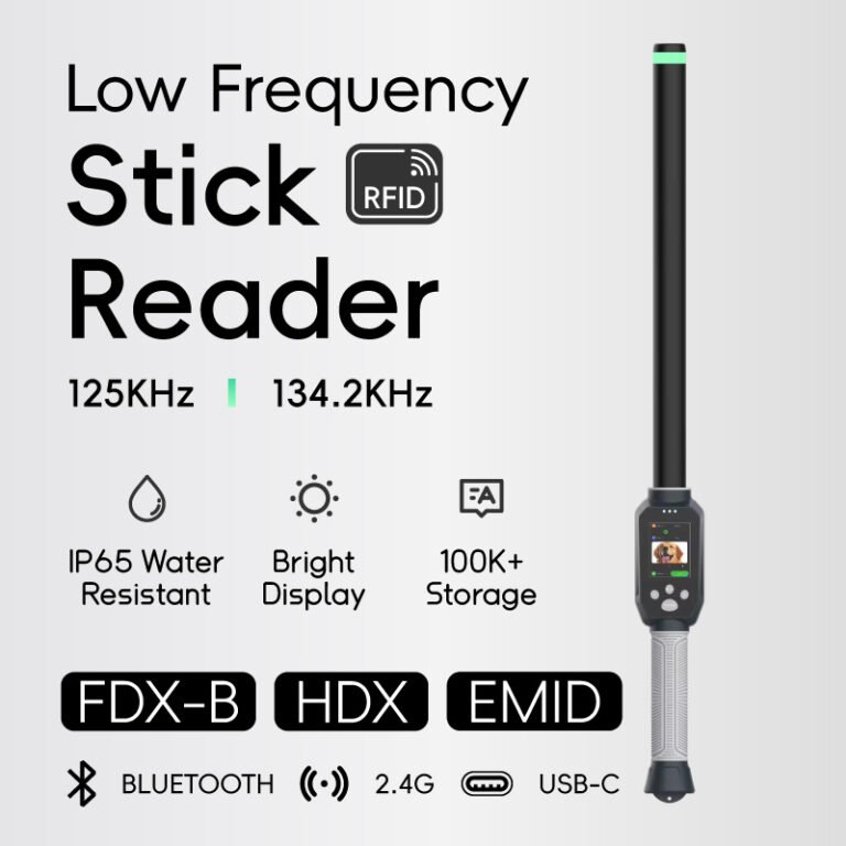 BLUEJUNTAGS low frequency stick reader specifications: 125 kHz and 134.2 kHz, FDX-B, HDX and EMID formats, IP65 waterproof, 100K record storage, Bluetooth, 2.4G and USB-C
