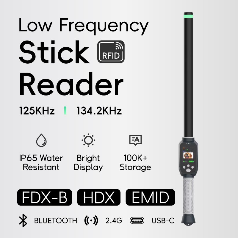 BLUEJUNTAGS low frequency stick reader specifications: 125 kHz and 134.2 kHz, FDX-B, HDX and EMID formats, IP65 waterproof, 100K record storage, Bluetooth, 2.4G and USB-C